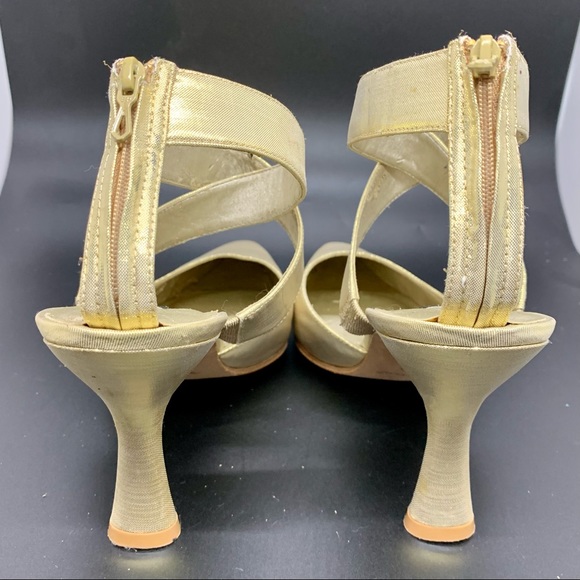 Nina Gold Pumps Heels Metallic Fabric Upper Leather Sole Cross Strap Size 7.5 - Picture 4 of 10